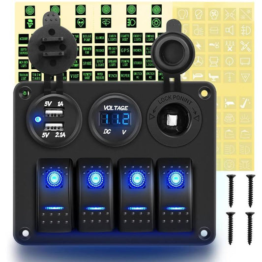 Waywe 4 Gang Rocker Switch Panel with USB Charger Voltmeter and Cigar Lighter 12V 24V Toggle Switch ON Off Rocker Switch Blue for Cars Rvs Trucks