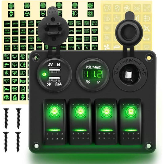 Waywe 4 Gang Rocker Switch Panel with USB Charger Voltmeter and Cigar Lighter 12V 24V Toggle Switch ON Off Rocker Switch Green for Cars Rvs Trucks