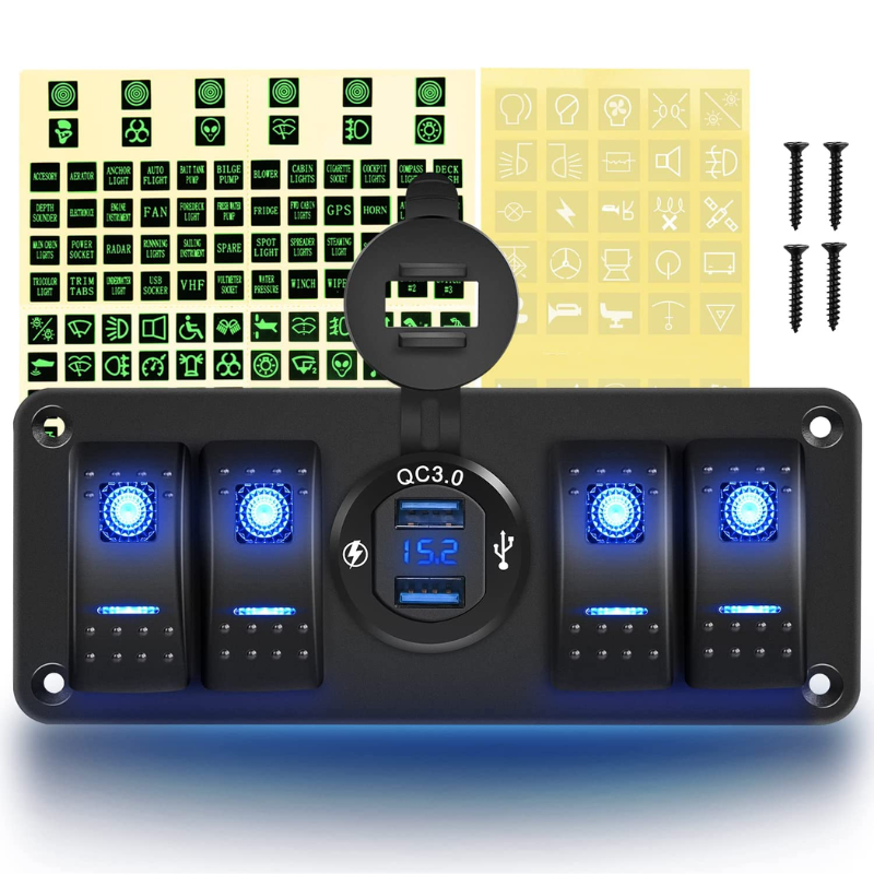 Waywe 4 Gang Rocker Switch Panel with USB Charger Voltmeter Waterproof 12V 24V DC Rocker Switch with QC3.0 Dual USB Charger for Cars Trucks Boats RV