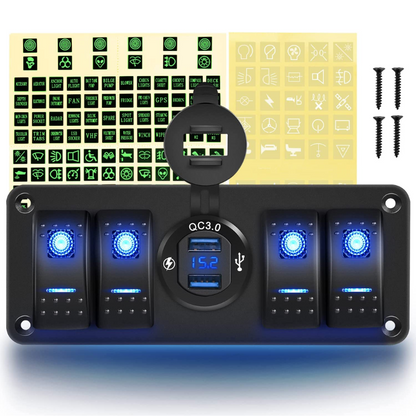 Waywe 4 Gang Rocker Switch Panel with USB Charger Voltmeter Waterproof 12V 24V DC Rocker Switch with QC3.0 Dual USB Charger for Cars Trucks Boats RV