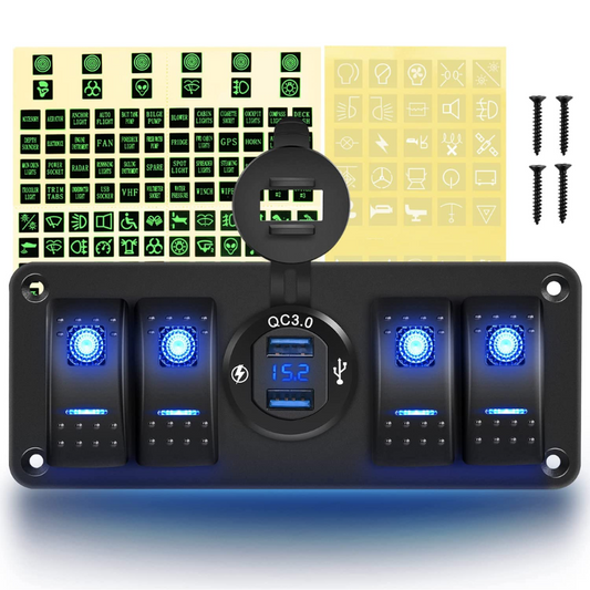 Waywe 4 Gang Rocker Switch Panel with USB Charger Voltmeter Waterproof 12V 24V DC Rocker Switch with QC3.0 Dual USB Charger for Cars Trucks Boats RV