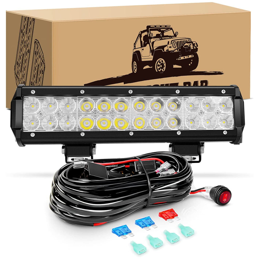 Waywe 12 Inch 72W Led Light Bar Spot Flood Combo with 16AWG 3Pin Rocker Switch Wiring Harness kit