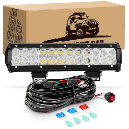 Waywe 12 Inch 72W Led Light Bar Spot Flood Combo with 16AWG 3Pin Rocker Switch Wiring Harness kit