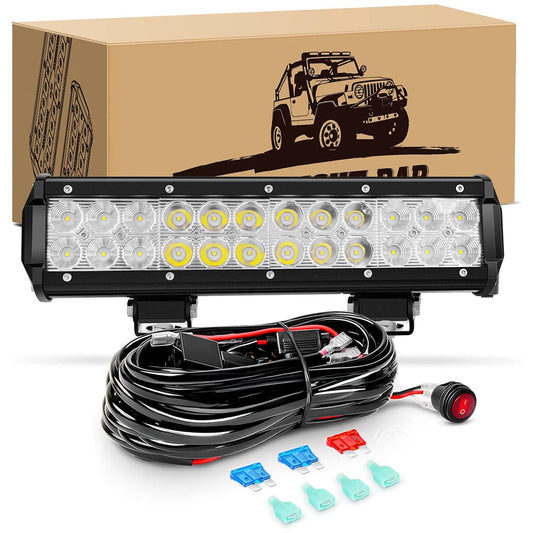 Waywe 12 Inch 72W Led Light Bar Spot Flood Combo with 16AWG 3Pin Rocker Switch Wiring Harness kit