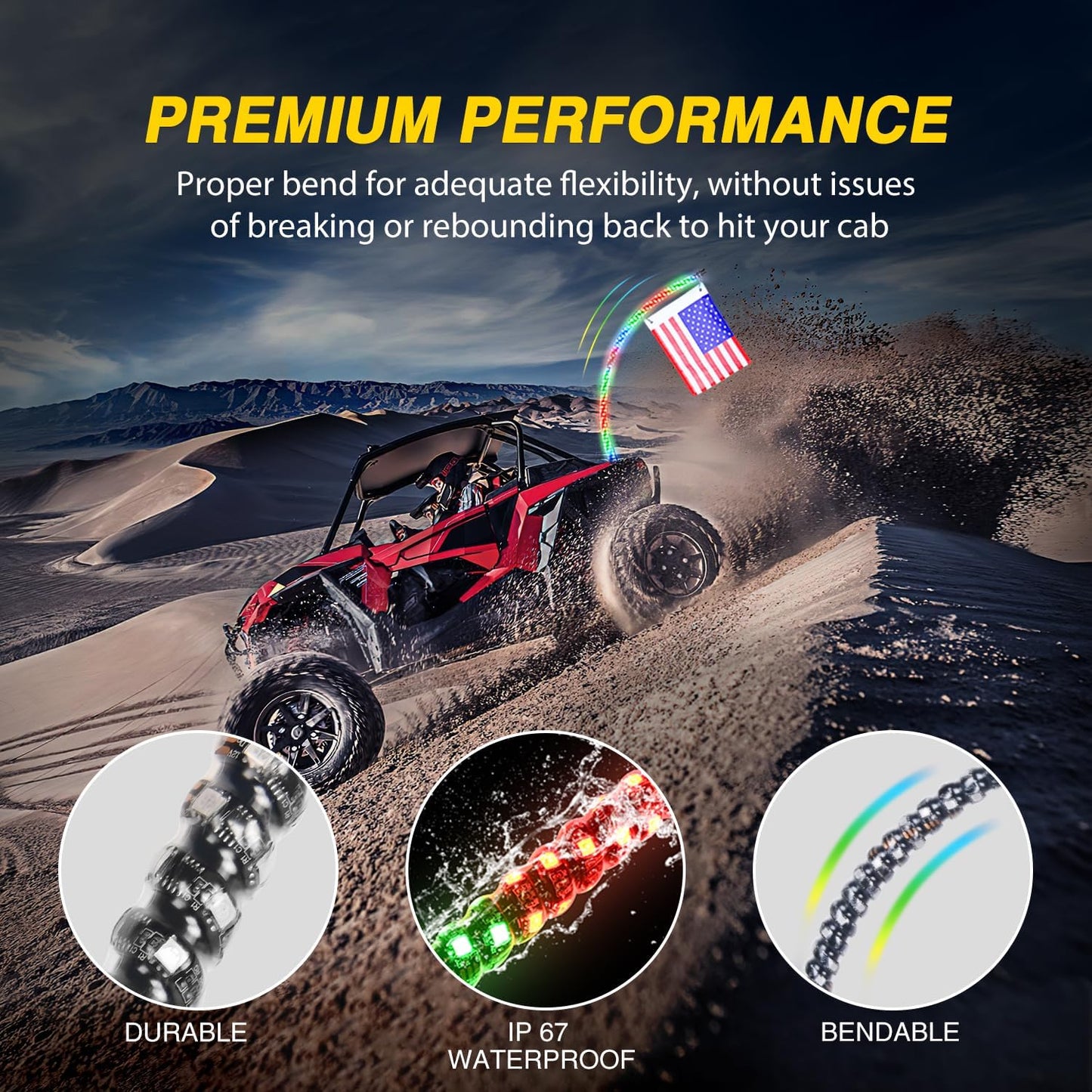 Waywe 2 PCS 6FT LED Whip Light Spiral RGB Chasing Bluetooth App RF Remote Control Stop Turn Reverse Lights Antenna Whips for UTV ATV Truck Buggy Dune RZR Can-am