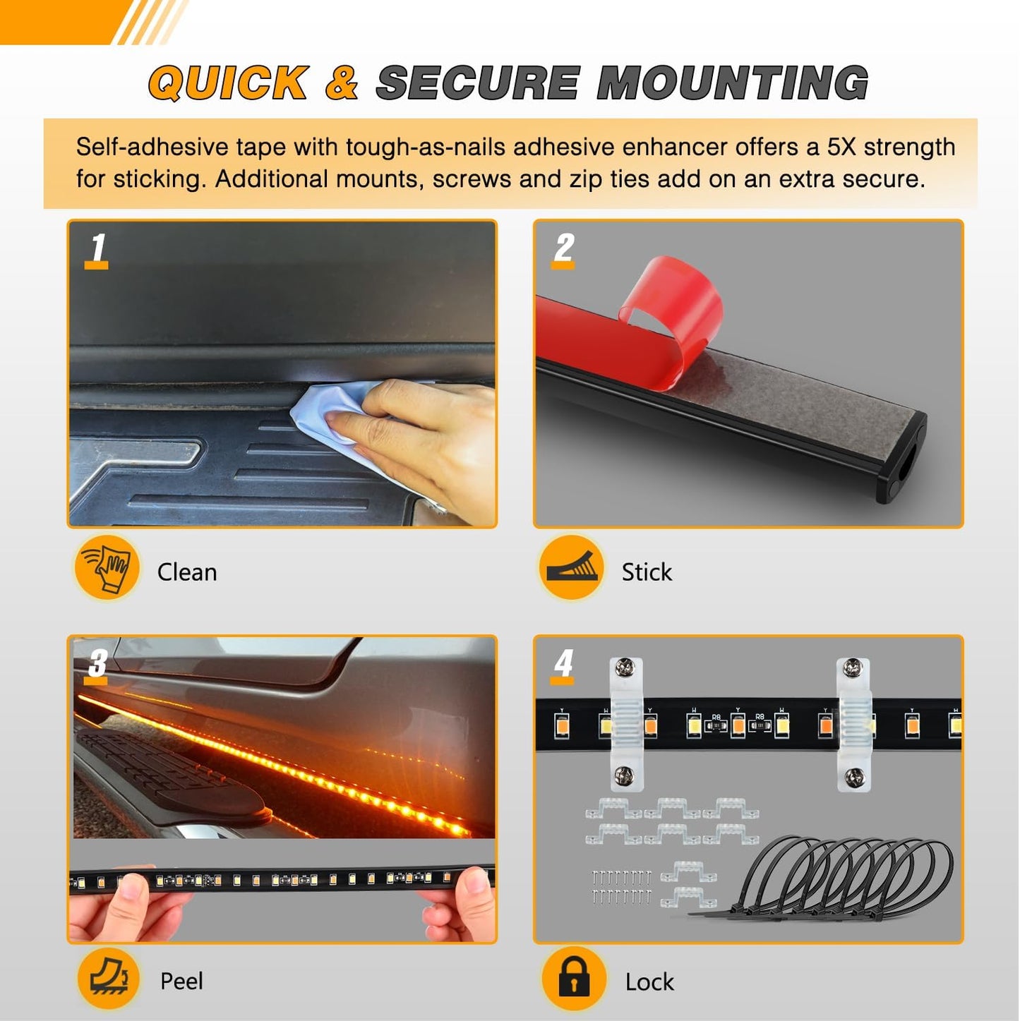 Waywe Truck Running Board Lights - 2PCS 70 Inch DRL LED Side Maker Light Kits for Extended and Crew Cab Trucks Pickup White Courtesy Amber Sequential Turn Signal Lighting Strips