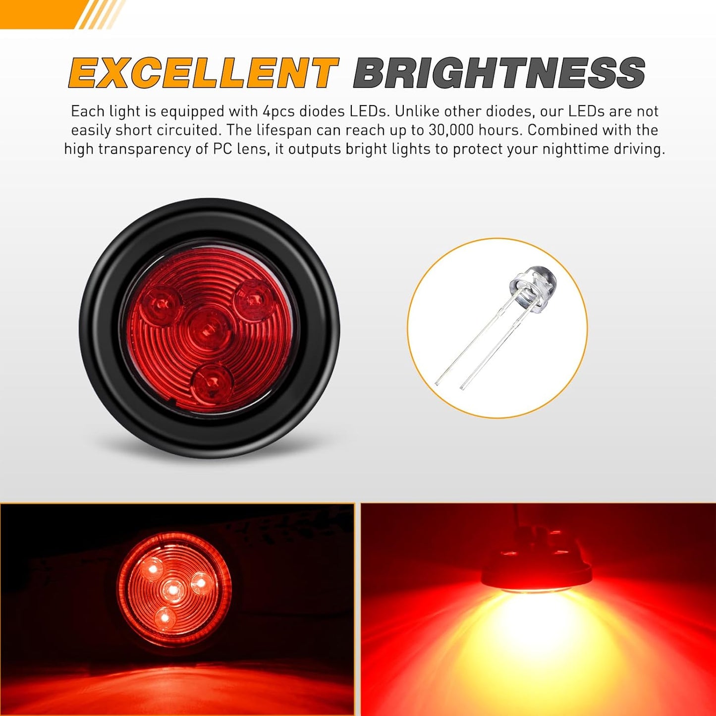 Waywe 2 Inch Round Side Marker Light 10PCS Red Amber 4LED Front Rear Clearance Indicator Lights Flush Mount with Plug Grommet Pigtail Hardwired for Truck Camper RV Boat