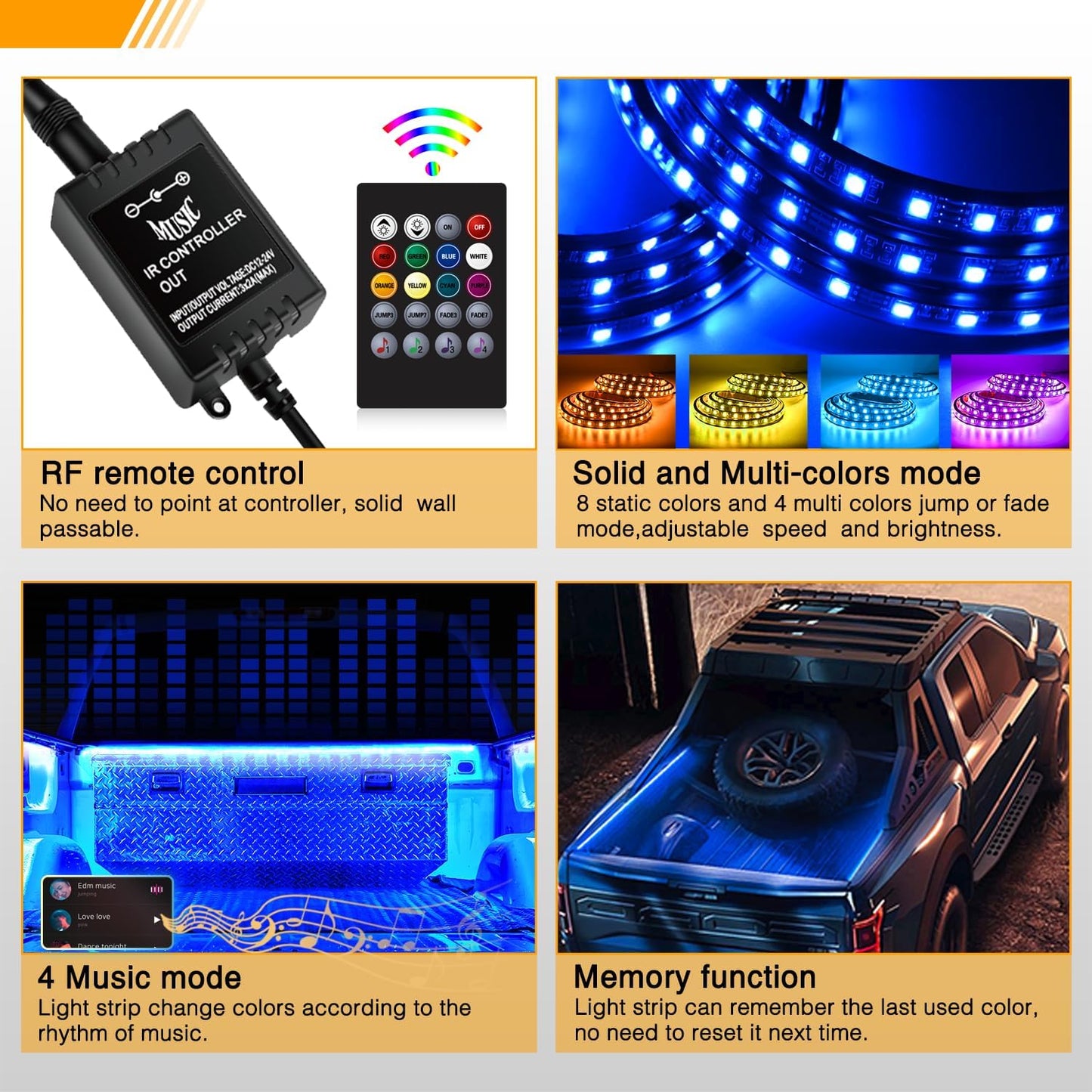 Waywe RGB Truck Bed Light Strip 2PCS 60" 180 LEDs Neon Accent Lighting with RF Remote On/Off Switch Splitter Extension Cable for 12-Volt Car Cargo Pickup SUV RV Boat