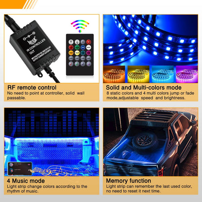 Waywe RGB Truck Bed Light Strip 2PCS 60" 180 LEDs Neon Accent Lighting with RF Remote On/Off Switch Splitter Extension Cable for 12-Volt Car Cargo Pickup SUV RV Boat