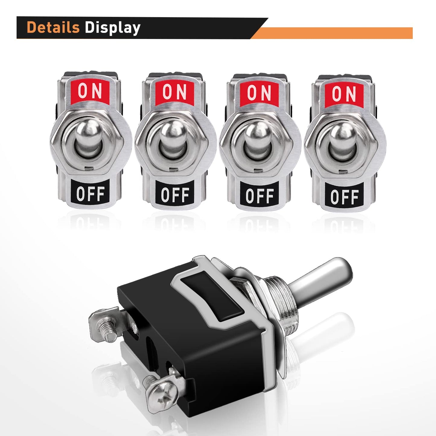 Waywe Heavy Duty Rocker Toggle 15A 250V 20A 125V SPST 2Pin ON Off Switch Metal Bat Waterproof Boot Cap Cover-5 Pack