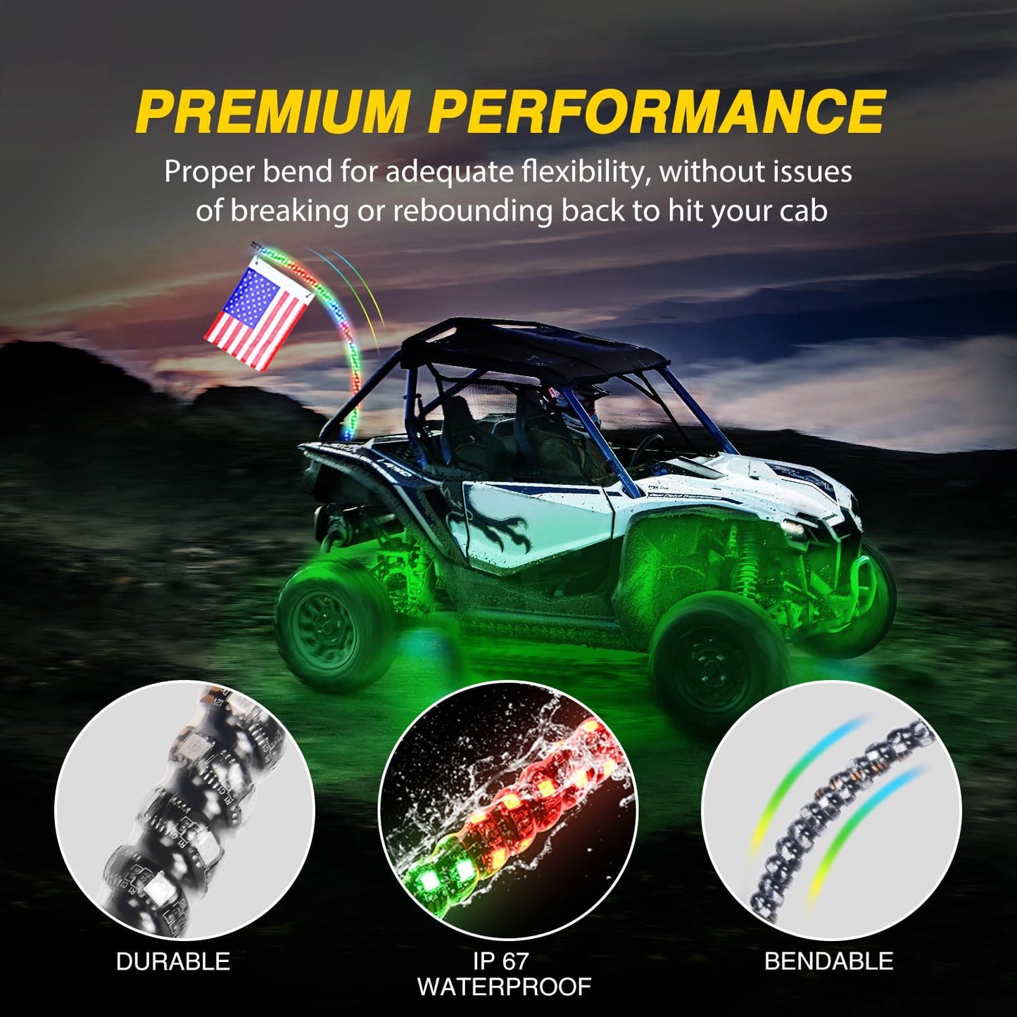 Waywe 2 PCS 4FT LED Whip Light with 4PCS Rock Lights Kit Spiral RGB Chasing App Remote Control Stop Turn Reverse Lights Whips for UTV ATV Truck Buggy Dune RZR