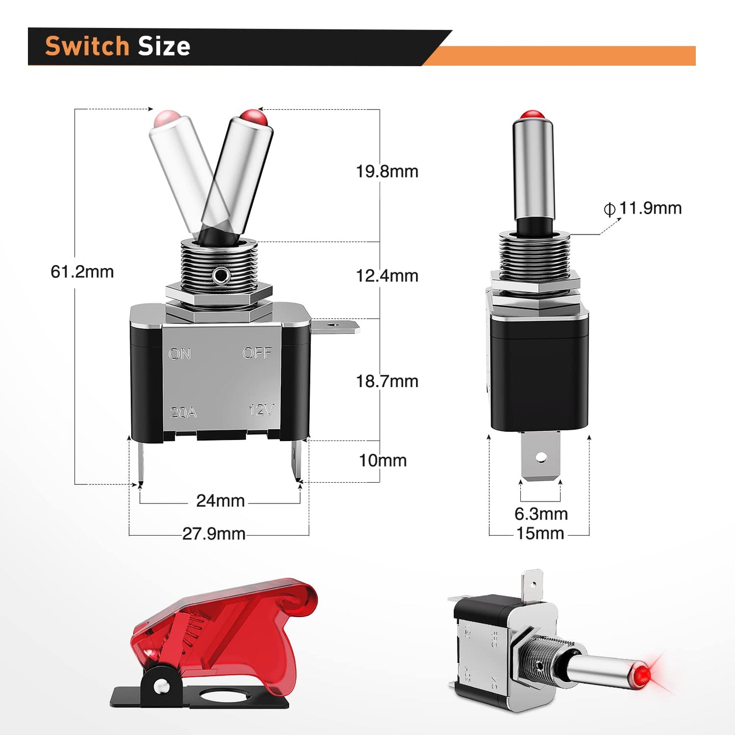 Waywe 5PCS 12V LED Toggle Switch Heavy Duty 20A SPST ON Off 3 Pin Rocker Switches for Automotive Cars Trucks Boats Racking Cars,Red