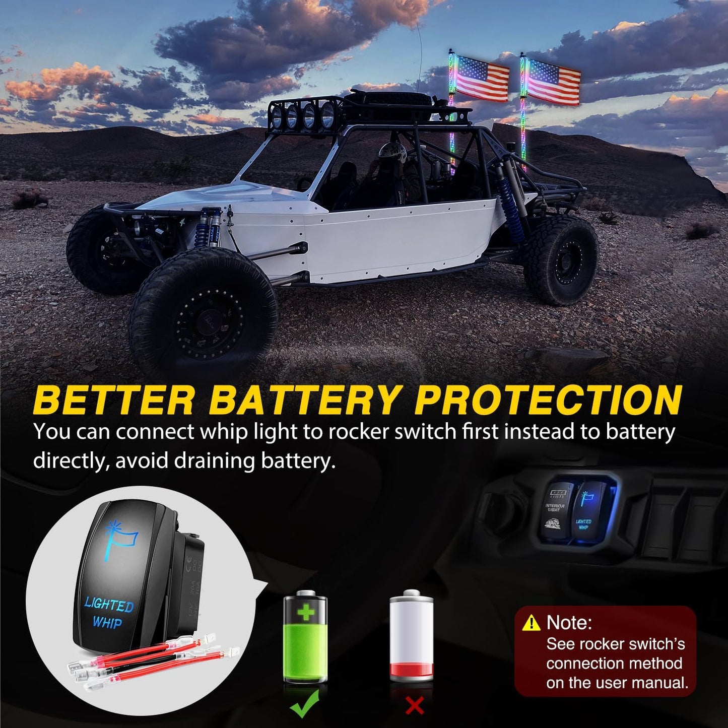 Waywe 2 PCS 5FT LED Whip Light with Spring Base Spiral RGB Chasing RF Remote Lighted Whips w/ Rocker Switch LED Antenna for UTV ATV Truck Sand Rail Buggy Dune RZR Can-am