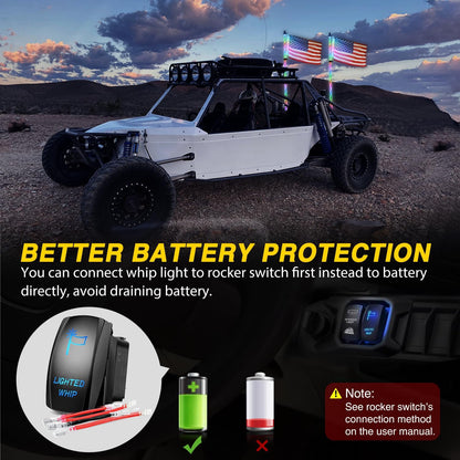 Waywe 2 PCS 5FT LED Whip Light with Spring Base Spiral RGB Chasing RF Remote Lighted Whips w/ Rocker Switch LED Antenna for UTV ATV Truck Sand Rail Buggy Dune RZR Can-am