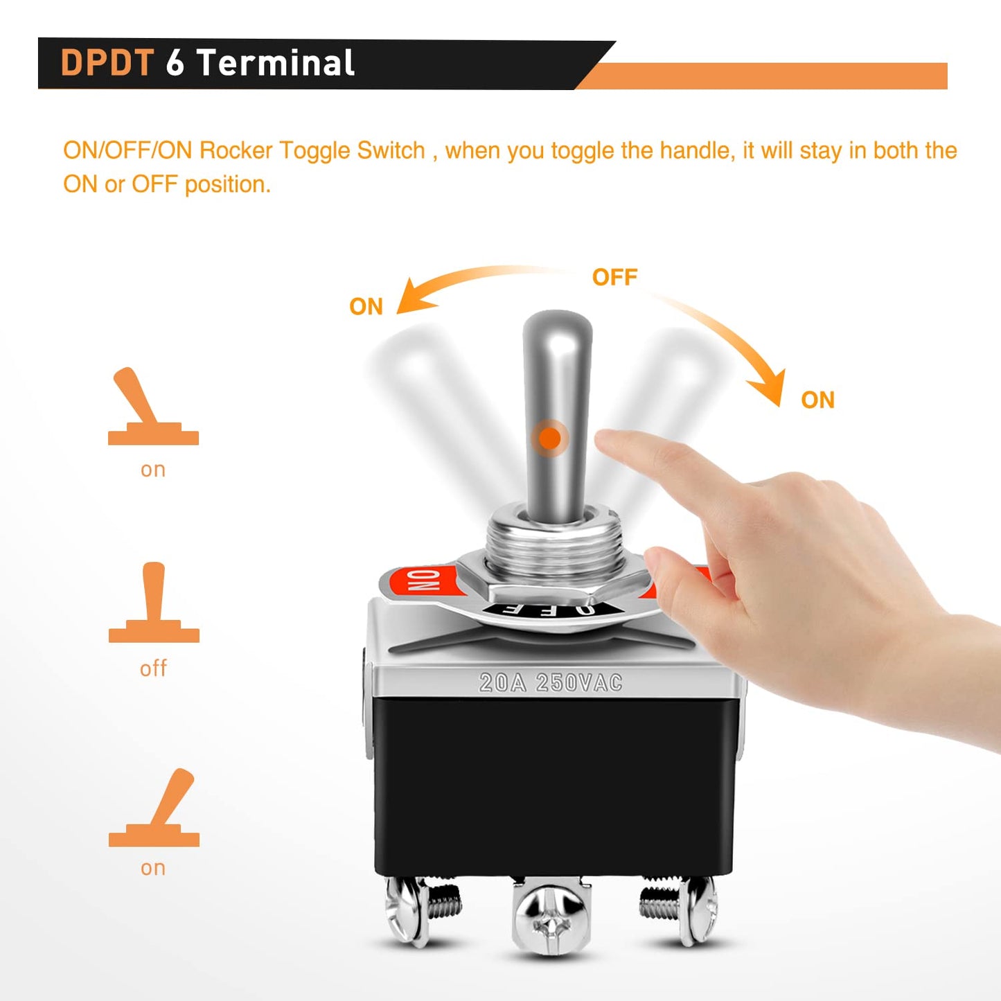 Waywe 5 Pack 6Pin Heavy Duty Rocker Toggle Switch 15A 250V 20A 125V DPDT 6 Pin ON Off ON Switch Metal Bat Waterproof Boot Cap Cover