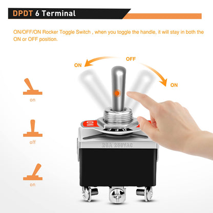 Waywe 5 Pack 6Pin Heavy Duty Rocker Toggle Switch 15A 250V 20A 125V DPDT 6 Pin ON Off ON Switch Metal Bat Waterproof Boot Cap Cover