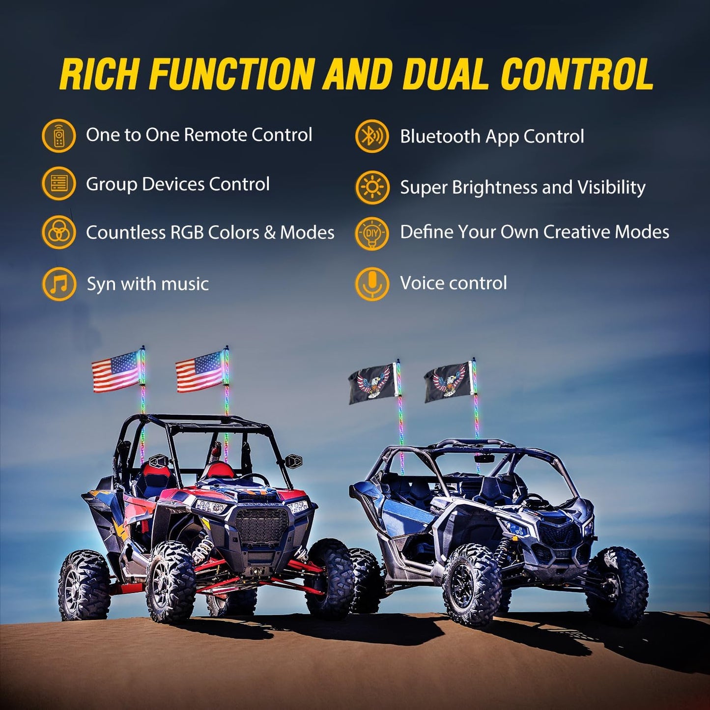 Waywe 2 PCS 6FT LED Whip Light with Spring Base RGB Lighted Bluetooth App RF Remote Control Stop Turn Reverse Lights Antenna Whips for UTV ATV Truck Buggy Dune RZR Can-am