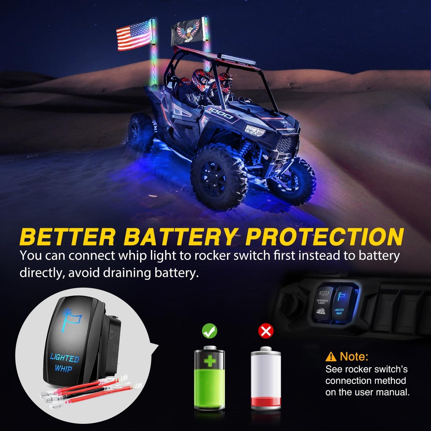 Waywe 2 PCS 3FT LED Whip Light Spiral RGB Chasing RF Remote Durable Lighted Whips w/ Rocker Switch LED Antenna for UTV ATV Truck Sand Rail Buggy Dune RZR Can-am