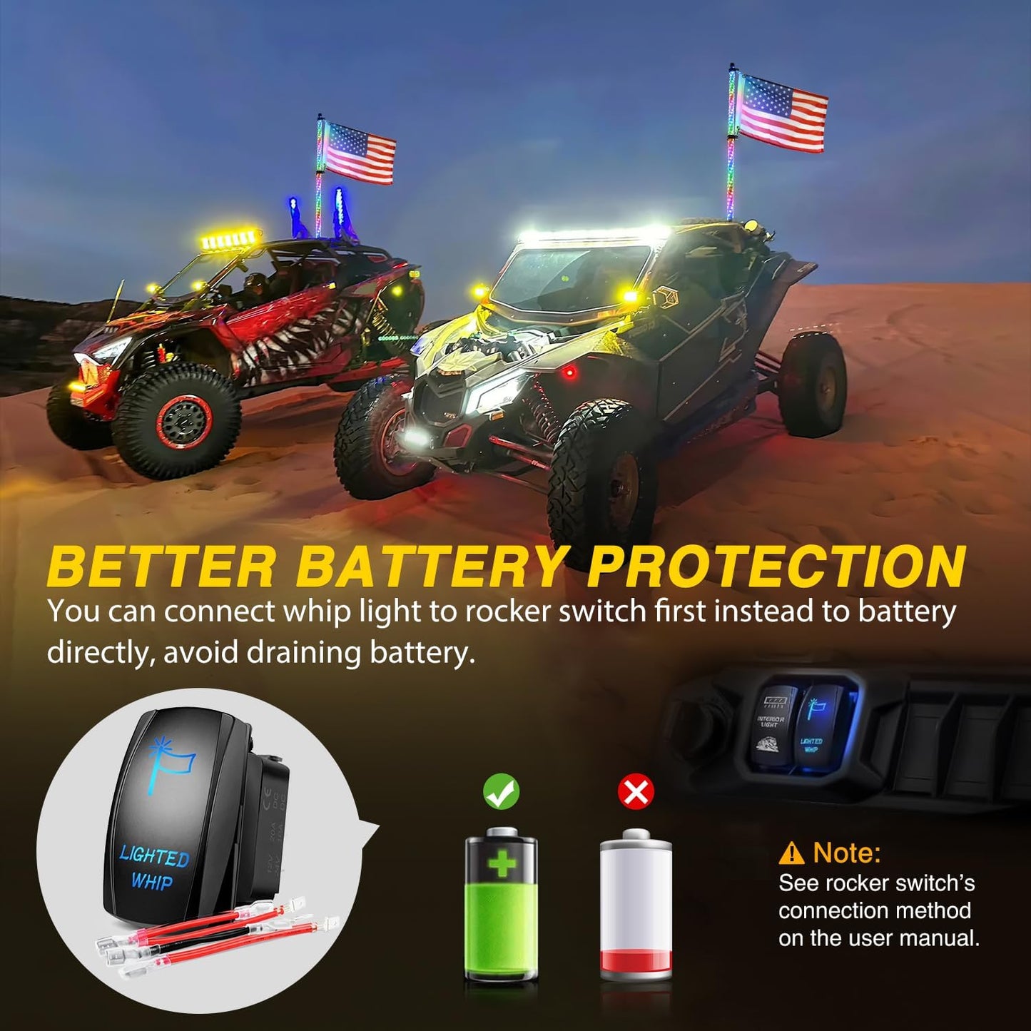 Waywe 1PC 3FT LED Whip Light Spiral RGB Chasing RF Remote Durable Lighted Antenna Whips w/ Rocker Switch for UTV ATV Truck Sand Rail Buggy Dune RZR Can-am