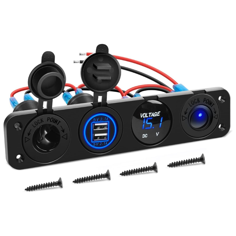 Waywe 4 in 1 ON Off Charger Socket Panel Dual USB Power Outlet LED Voltmeter Cigarette Lighter Lighted Rocker Toggle Switches for Truck Car Marine Boats RV, Blue