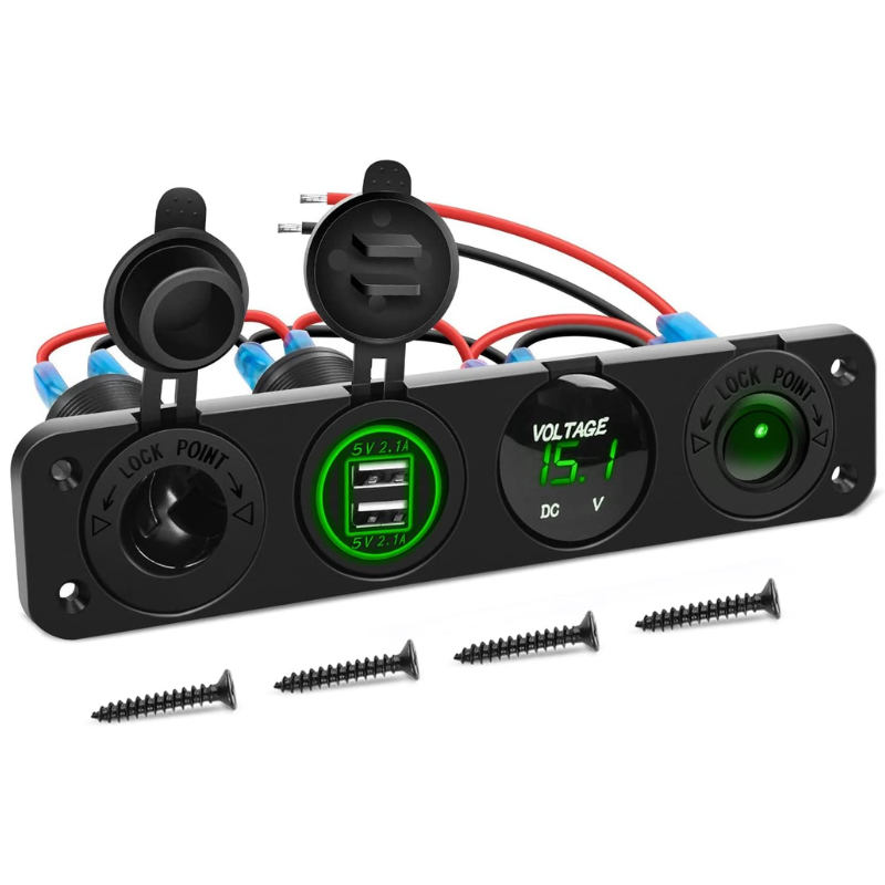 Waywe 4 in 1 ON Off Charger Socket Panel Dual USB Socket Power Outlet LED Voltmeter Cigarette Lighter Socket LED Lighted ON Off Rocker Toggle Switch for Truck Car Marine Boats RV