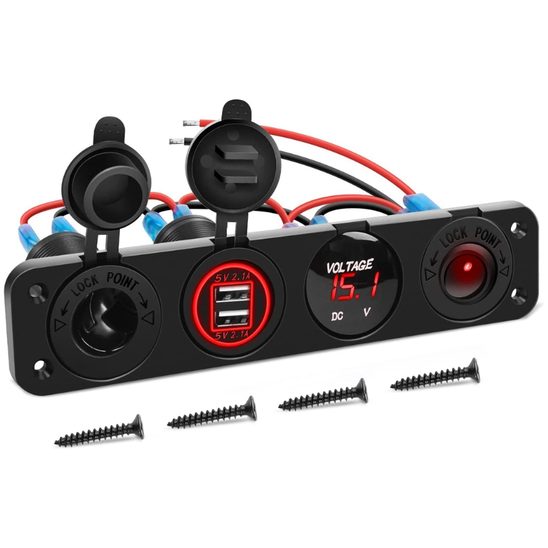 Waywe 4 in 1 ON Off Charger Socket Panel Dual USB Power Outlet LED Voltmeter Cigarette Lighter Lighted Rocker Toggle Switch for Truck Car Marine Boats RV