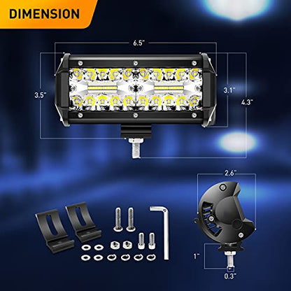 Waywe 2PCS 6.5 Inch 120W Triple Row LED Pods Fog Light Mounting Bracket Horizontal Bar Tube Clamp with 16AWG Off Road Wiring Harness for Truck Golf Cart SUV ATV UTV Boat