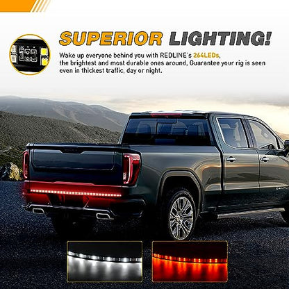 Waywe 60" Truck Tailgate Light Bar 5 Function 264 LED Strip Double Row Universal for Pickup with Red Running Brake Turn Signals White Reverse Lights