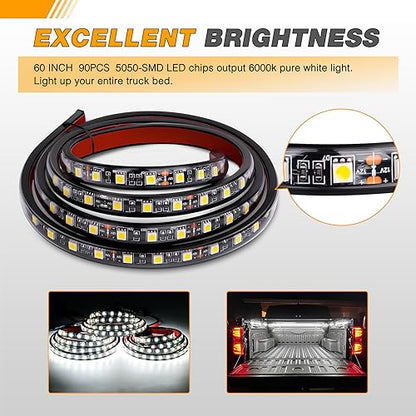 Waywe Truck Bed Light Strip 3PCS 60" 270 LEDs White Lighting Waterproof for 12 Volt Car Cargo Pickup SUV RV Boat, On/Off Switch Blade Fuse Splitter Cable