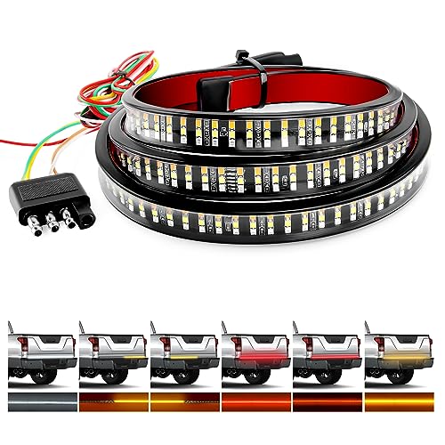 Waywe Truck Tailgate Light Bar 60" Triple Row 504 LED Strip 6 Function with Red Running Brake Amber Turning Signals Strobe White Reverse Lighting