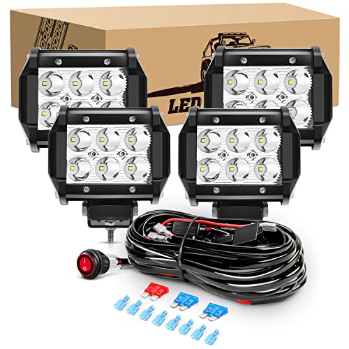 Waywe 4PCS 18W LED Pods Spot Light Bar Fog Light Driving Lighting with 16AWG Off Road Wiring Harness-4 Leads for Truck Golf Cart SUV ATV UTV Boat