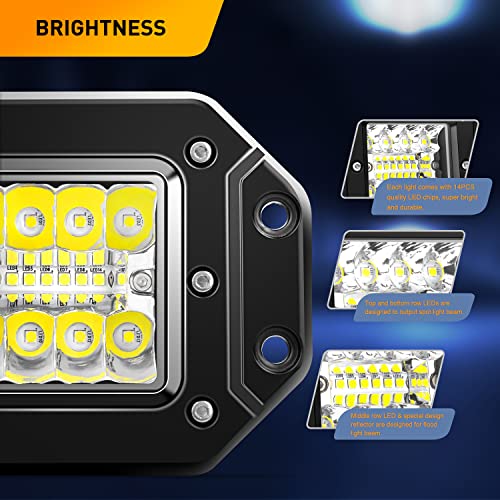 Waywe Flush Mount LED Pods 2PCS 42W Led Light Bar Upgraded Spot Flood Combo LED Work Light Off Road Backup Fog Lights with 16AWG Wiring Harness-2 Leads for Truck Bumper Boat 4x4