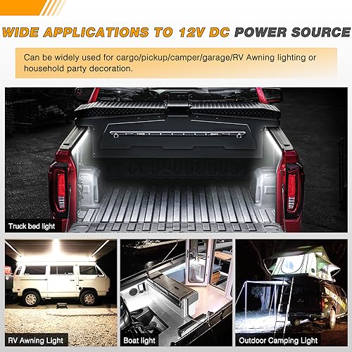 Waywe Truck Bed Light Strip 2PCS 60" 180 LEDs White Lighting Waterproof for 12V Car Cargo Pickup SUV RV Boat, On/Off Switch Blade Fuse 2-Way Splitter Cable