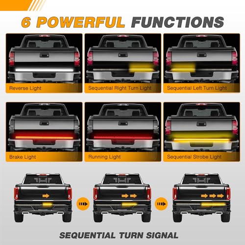 Waywe Truck Tailgate Light Strip 60" Aluminum Frame led bar Triple Row Tail Lighting Sequential Amber Turn Signal Strobe Red Running Brake White Reverse