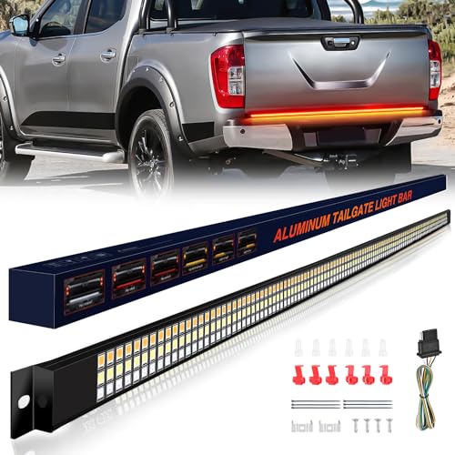 Waywe Truck Tailgate Light Strip 48" Aluminum Frame led bar Triple Row Tail Lighing Sequential Amber Turn Signal Strobe Red Running Brake White Reverse