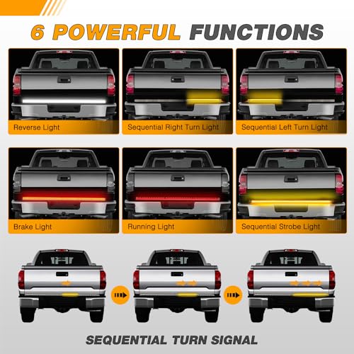 Waywe Truck Tailgate Light Strip 48" Aluminum Frame led bar Triple Row Tail Lighing Sequential Amber Turn Signal Strobe Red Running Brake White Reverse