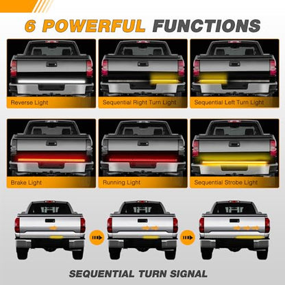 Waywe Truck Tailgate Light Strip 48" Aluminum Frame led bar Triple Row Tail Lighing Sequential Amber Turn Signal Strobe Red Running Brake White Reverse