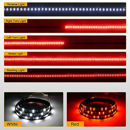 Waywe 60" Truck Tailgate Light Bar 5 Function 264 LED Strip Double Row Universal for Pickup with Red Running Brake Turn Signals White Reverse Lights