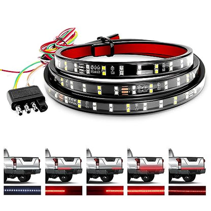 Waywe 60" Truck Tailgate Light Bar 5 Function 264 LED Strip Double Row Universal for Pickup with Red Running Brake Turn Signals White Reverse Lights