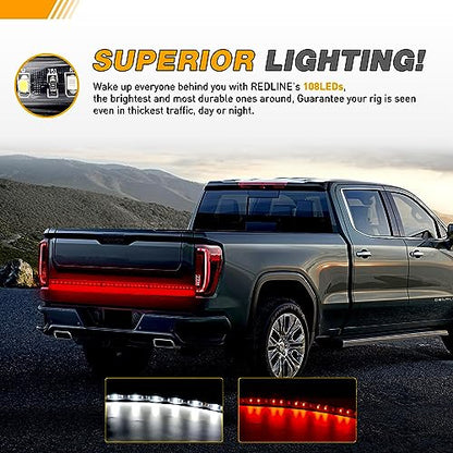 Waywe 60" Truck Tailgate Light Bar 5 Function 108 LED Single Row Strip Universal for Pickup with Red Running Brake Turn Signals White Reverse Lighting