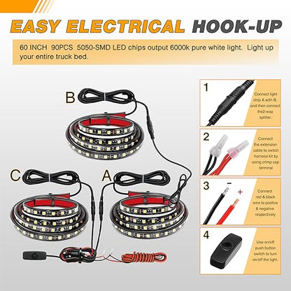 Waywe Truck Bed Light Strip 3PCS 60" 270 LEDs White Lighting Waterproof for 12 Volt Car Cargo Pickup SUV RV Boat, On/Off Switch Blade Fuse Splitter Cable
