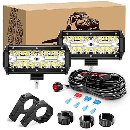 Waywe 2PCS 6.5 Inch 120W Triple Row LED Pods Fog Light Mounting Bracket Horizontal Bar Tube Clamp with 16AWG Off Road Wiring Harness for Truck Golf Cart SUV ATV UTV Boat