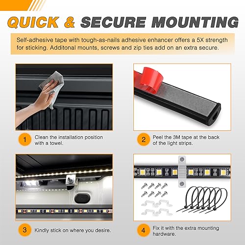 Waywe Truck Bed Light Strip 2PCS 60" 180 LEDs White Lighting Waterproof for 12V Car Cargo Pickup SUV RV Boat, On/Off Switch Blade Fuse 2-Way Splitter Cable