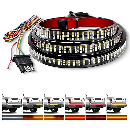 Waywe Truck Tailgate Light Bar 48" Triple Row 360 LED Strip 6 Function with Red Running Brake Amber Turning Signals Strobe White Reverse Lighting
