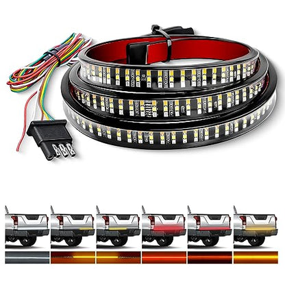 Waywe Truck Tailgate Light Bar 48" Triple Row 360 LED Strip 6 Function with Red Running Brake Amber Turning Signals Strobe White Reverse Lighting