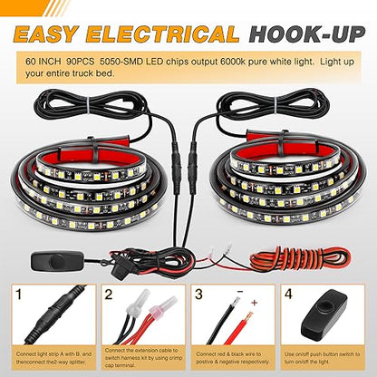 Waywe Truck Bed Light Strip 2PCS 60" 180 LEDs White Lighting Waterproof for 12V Car Cargo Pickup SUV RV Boat, On/Off Switch Blade Fuse 2-Way Splitter Cable