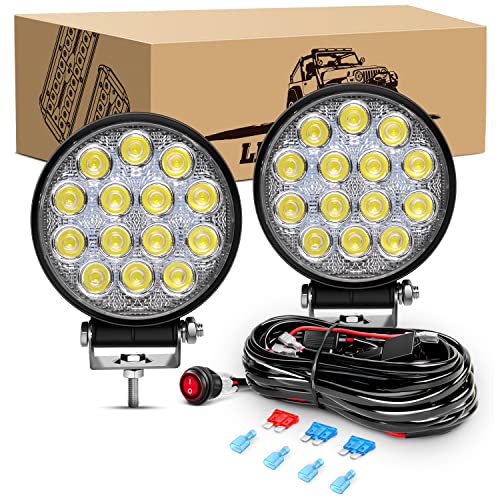 Waywe 2 PCS 4.5Inch 42W Led Round Lights Off Road led Flood Light 4200LM Driving Roof Pods Lamp Bumper Lights with 16AWG Wiring Harness Kit-2 Leads for Trucks Tractor ATV Jeep