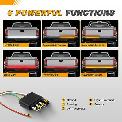 Waywe Truck Tailgate Light Bar 60" Triple Row 504 LED Strip 6 Function with Red Running Brake Amber Turning Signals Strobe White Reverse Lighting
