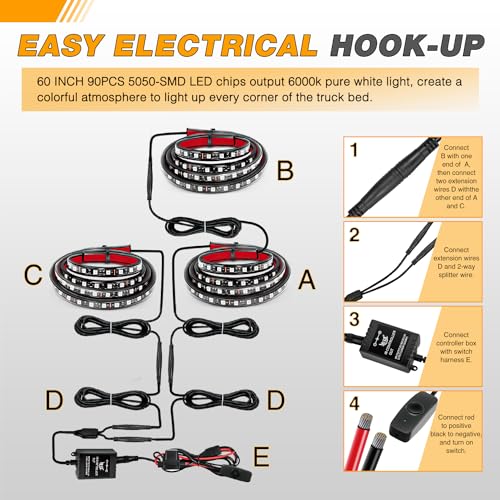 Waywe RGB Truck Bed Light Strip 3PCS 60" 270 LEDs Neon Accent Lighting with RF Remote On/Off Switch Splitter Extension Cable for 12 V Car Cargo Pickup SUV RV Boat