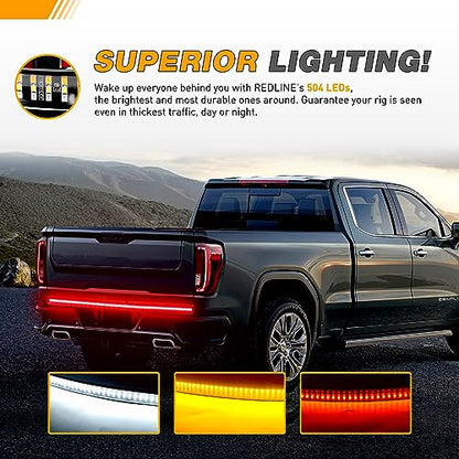 Waywe Truck Tailgate Light Bar 60" Triple Row 504 LED Strip 6 Function with Red Running Brake Amber Turning Signals Strobe White Reverse Lighting